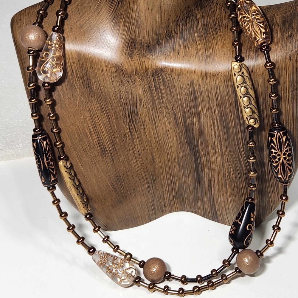 Chico's Vtg Brown Gold Statement Necklace Art Glass Seed Bead Embossed 20" NOS
